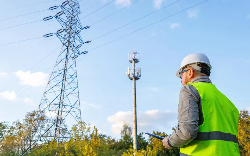An engineer inspecting a power line and a telecom tower