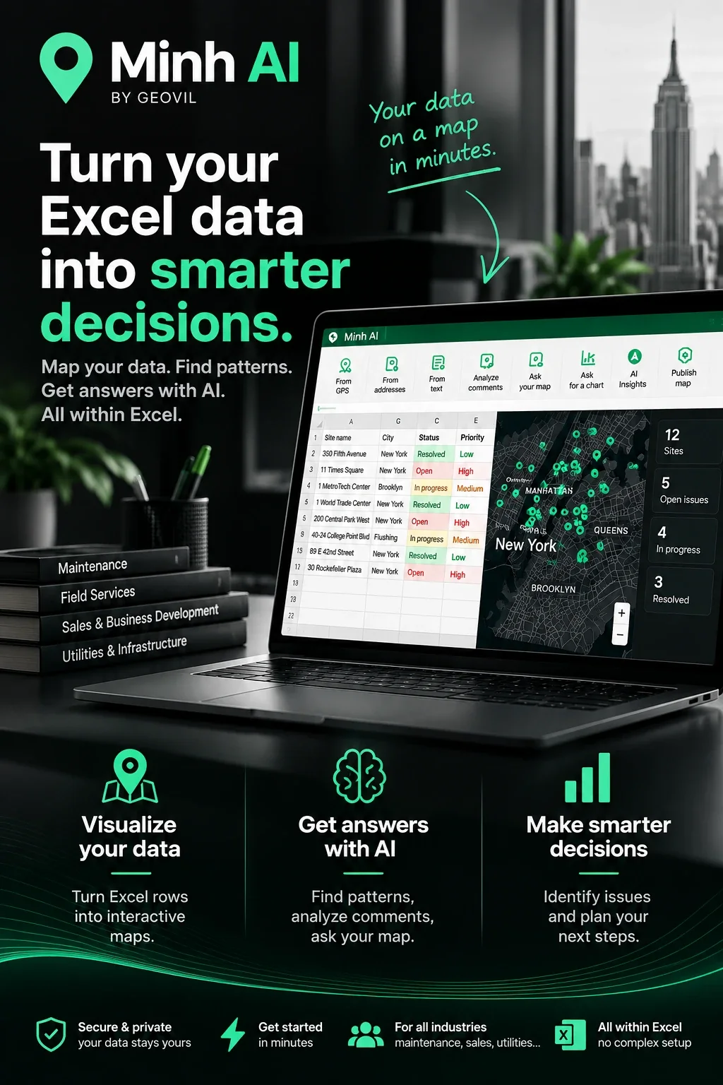 Minh AI by GEOVIL: turn your Excel data into smarter decisions. Map your data, find patterns, get answers with AI, all within Excel. Secure and private, get started in minutes, for all industries.
